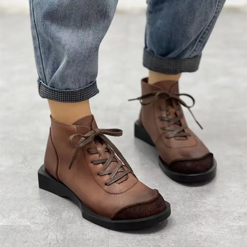 

New style short boots front lace retro Martin boots top layer leather casual women's boots flat leather women's boots