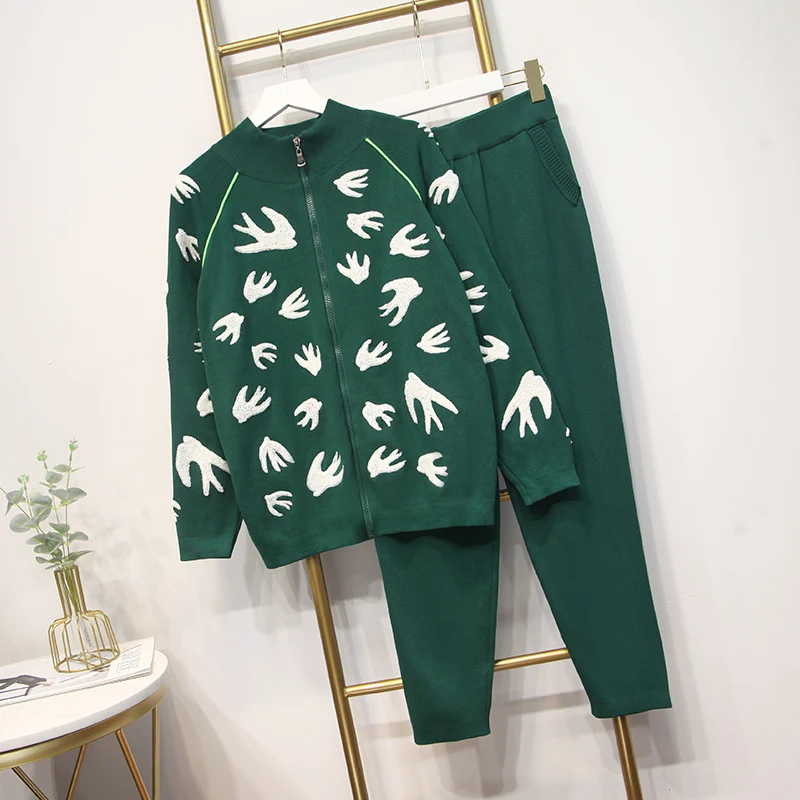 HIGH STREET стильный Подиум костюм набор женский птица тиснением куртка на молнии брюки набор