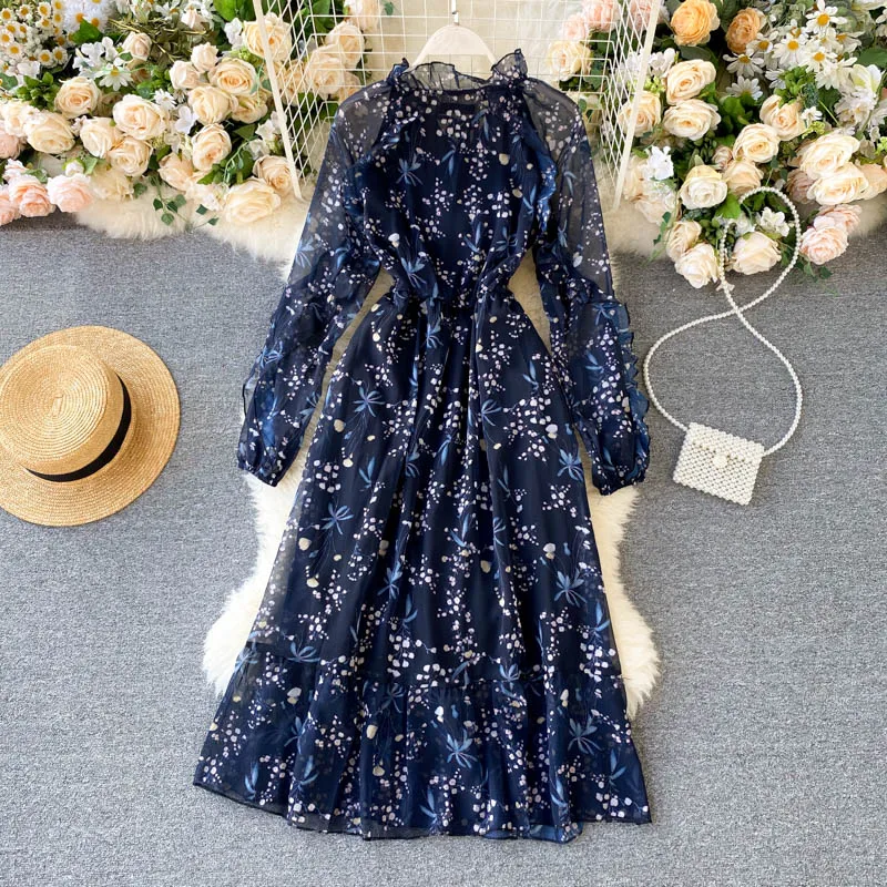 Fitaylor 2021 New Autumn Women Print Dresses Elegant Puff Sleeve Ruffles Hem Lace Up O Neck High Waist Blue Ladies | Женская одежда