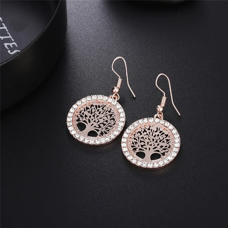 Женские круглые серьги-капельки из розового золота с кристаллами и деревом жизни
