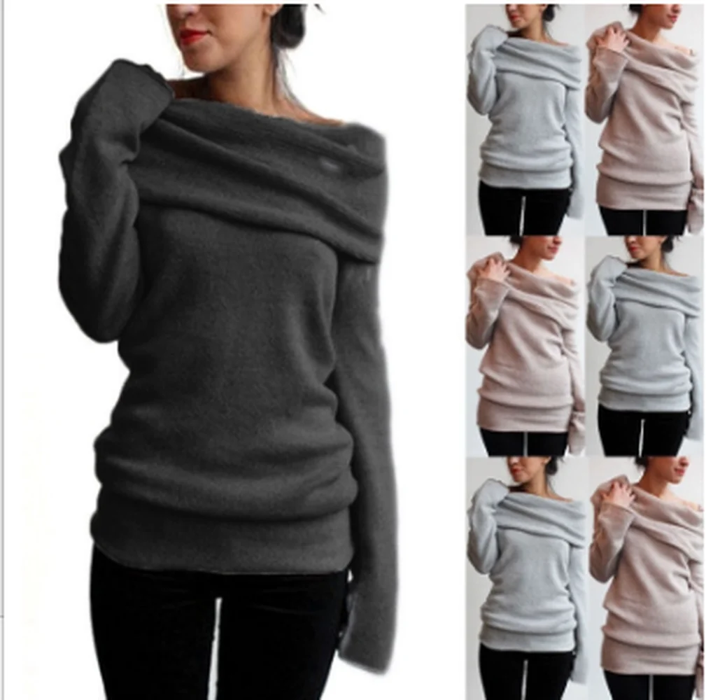 

ZOGAA Women Sweater Ladies Long Sleeve Heap Collar Off Shoulder Slim Solid Sweaters for Women 6 Colors Halloween Sweater Women