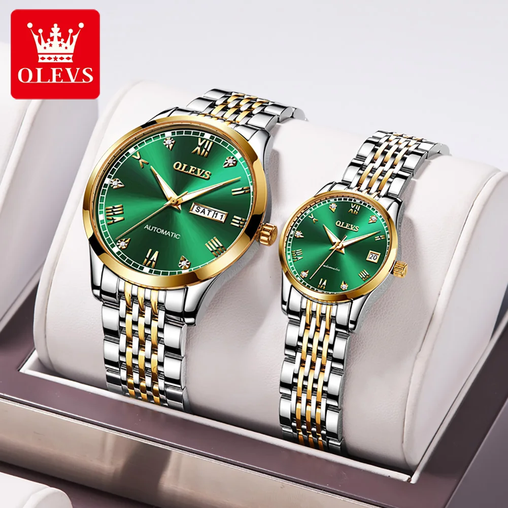 OLEVS 2021 New Fashion Couple Watch Couple Top Brand Luxury Mechanical Waterproof Green Ladies Casual Watch Relogio Feminino