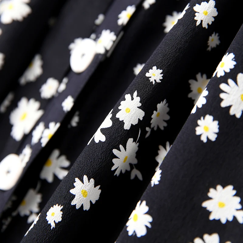 

Prairie Chic 100% Natural Real Silk Dresses Elegant Summer V-neck Short Sleeve Flora Print Single Breasted Women Black Dress
