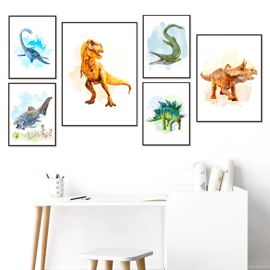 

Watercolor Dinosaur Triceratops Nursery Cartoon Nordic Posters And Prints Wall Art Canvas Painting Wall Pictures Kids Room Decor