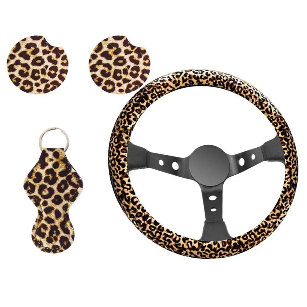 

Steering Wheel Cover Set Waterproof Anti-skid Leopard Print Car Wheel Protector With Keychain Grip Cover