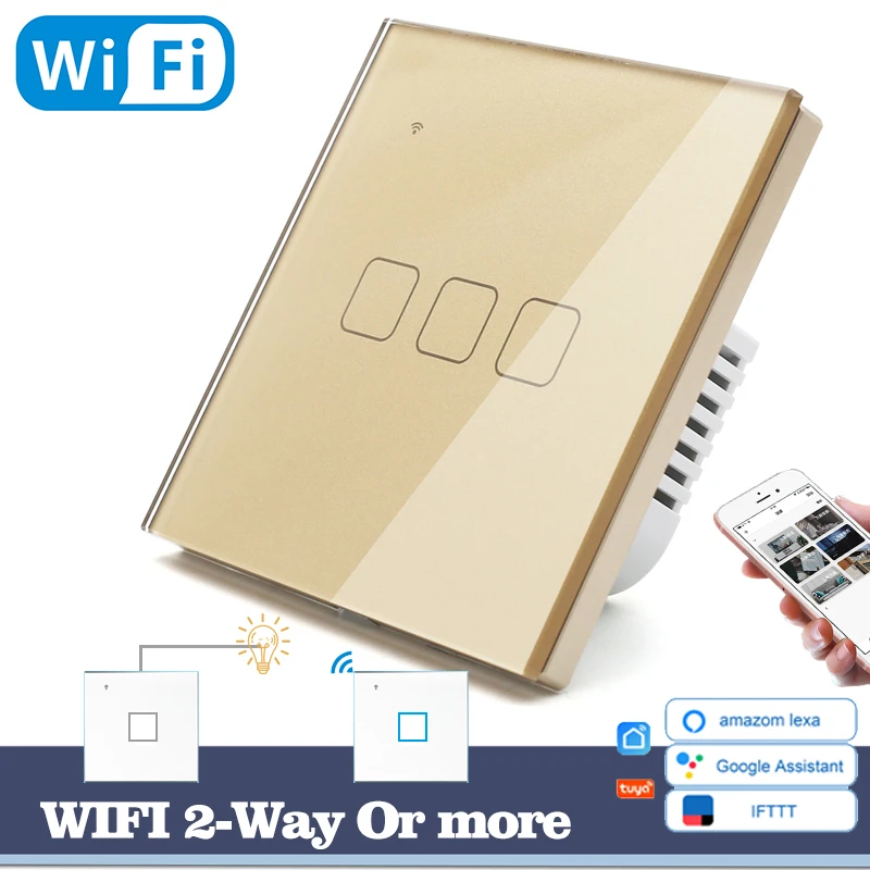 WIFI сенсорный светильник настенный выключатель Золотое стекло синий светодиод