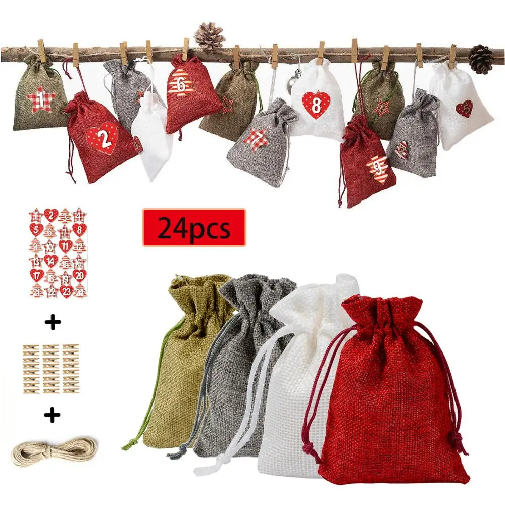 

2sets/lot 4 Colours Jute Linen Bags New Year Advent Calendar Countdown Filling Candy Gift Pouches Christmas Drawstring Bags