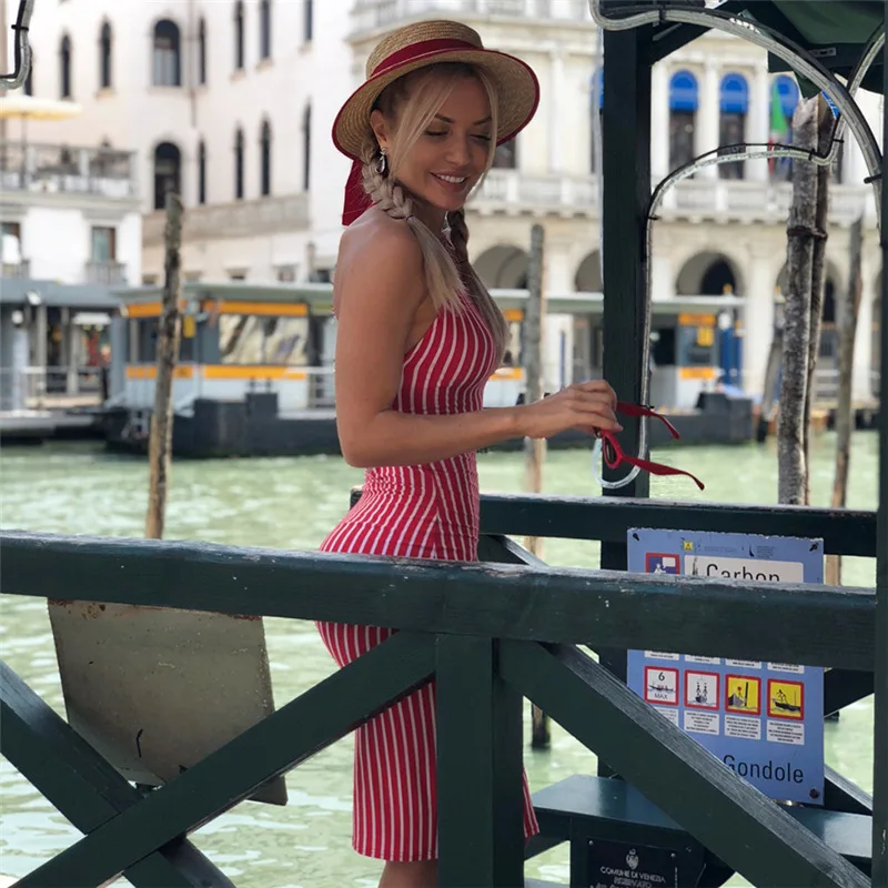 

2020 women's summer new strapless backless sleeveless hanging neck contrast color striped dress