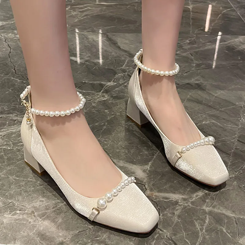 

Rimocy String Bead Ankle Strap Pumps Women Elegant Pearl Square Heel Wedding Shoes Woman Satin Small Square Toe High Heels Shoes