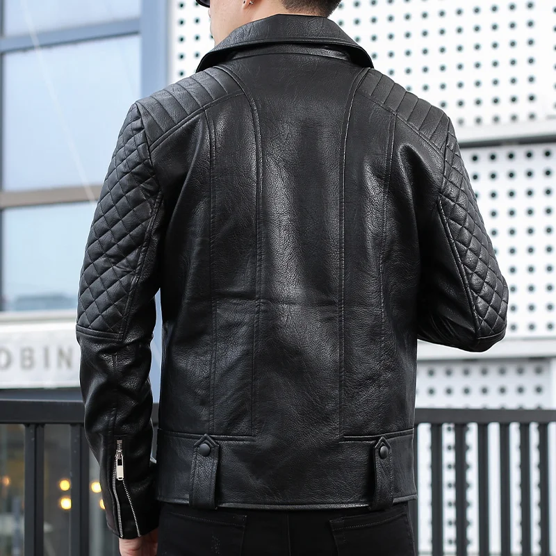 

ABOORUN Men's Punk PU Leather Jackets Multi Zippers Motorcycle Leather Jackets Black Skinny Pleated Leather Coat for Male