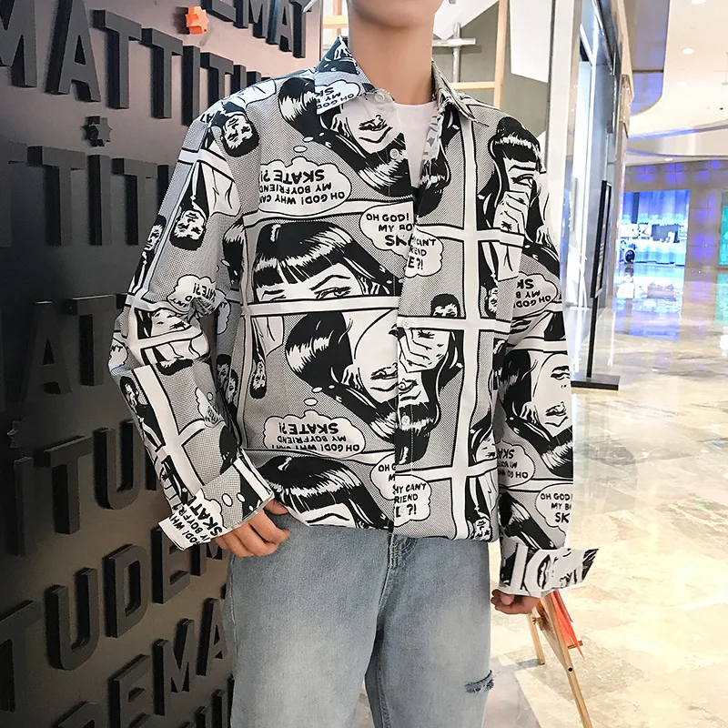 Mens Shirts High Street Harajuku Style Japanese Comic Pattern Long-sleeved Shirt for Male and Female Gotinc Style Loose Shirt