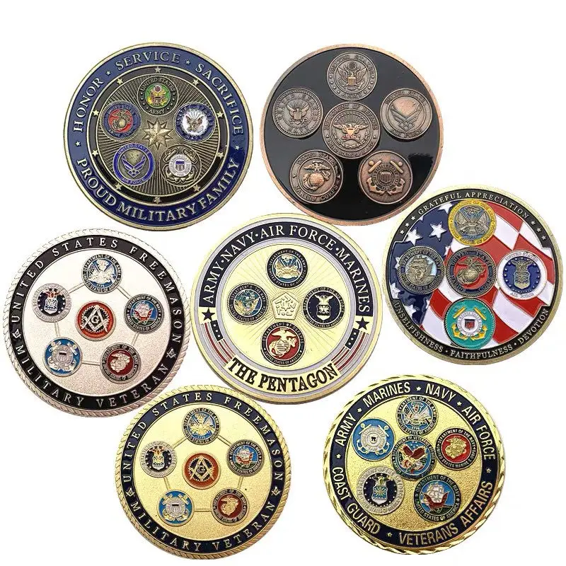 7 U.S. Five Army Badge Gold Coins Navy, Army, Air Force and Navy Lucky Masonic Coins Commemorative Coins
