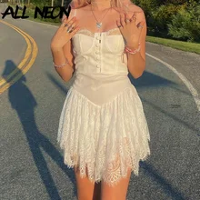 Allneon 2000s estética fairy rendas guarnição retalhos cami vestido y2k moda kawaii botão branco espartilho vestidos a linha doce primavera (1)