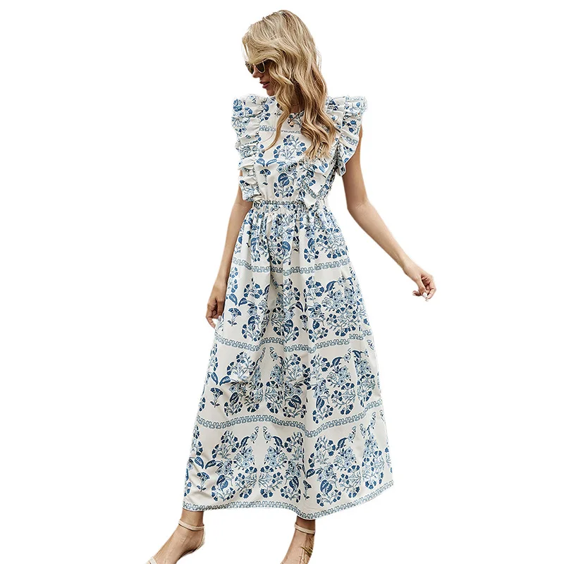 

Boho Dresses for Women Summer 2021 Nightclub Party Club Backless Sexy Elegant Long Robe Ladies Bohemian Floral Blue Dress