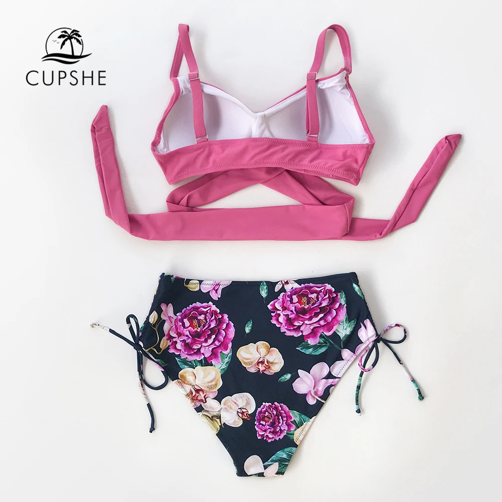 CUPSHE, розовый и цветочный принт, комплекты бикини, сексуальные, на шнуровке, с мягкими чашечками, купальник, две части, купальники для женщин,, пляжные купальники
