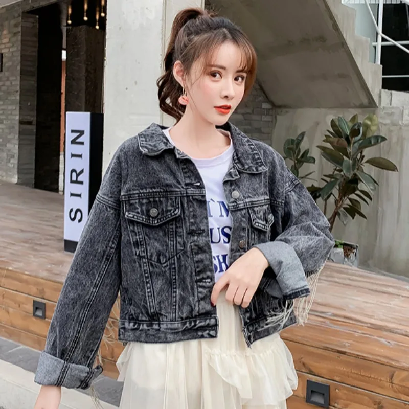 Женская джинсовая куртка с длинным рукавом черная или серая длинными рукавами