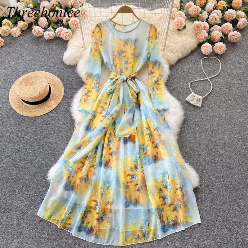 

Элегантное женское шифоновое платье осень 2021 с О-образным вырезом принтом длинным рукавом с поясом Повседневные Вечерние платья женские те...