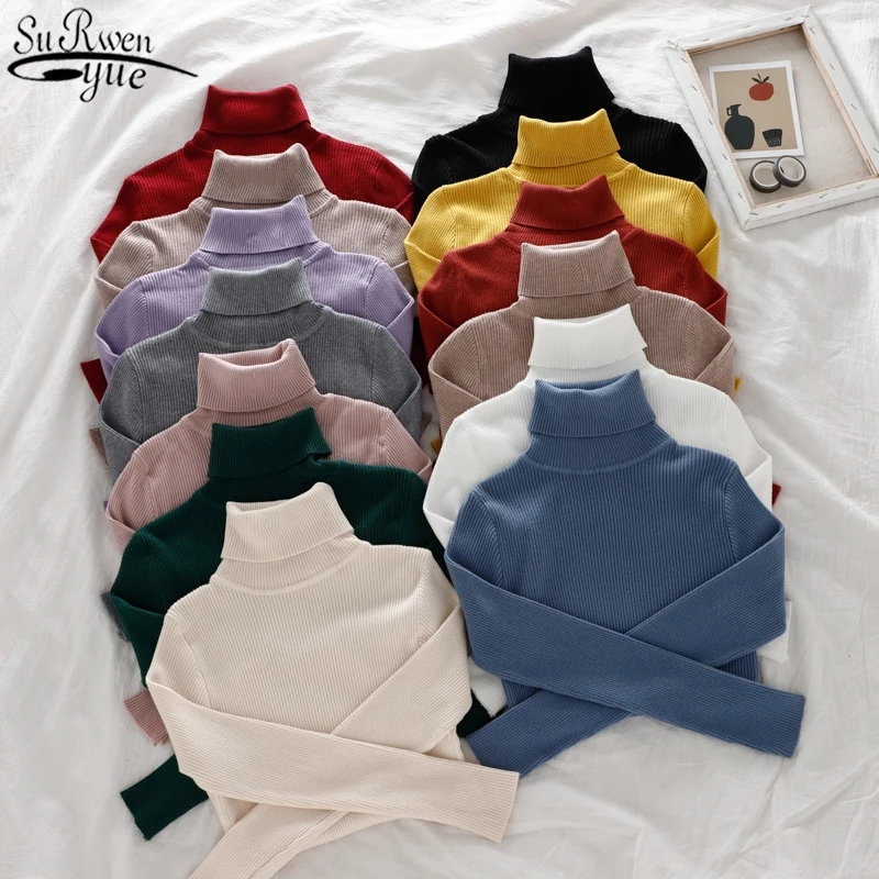 

2021 Turtleneck Women Long Sleeve Sweater Autumn Slim Warm Knit Bottoming Pullover Sweater Solid Women Casual Clothing 10977