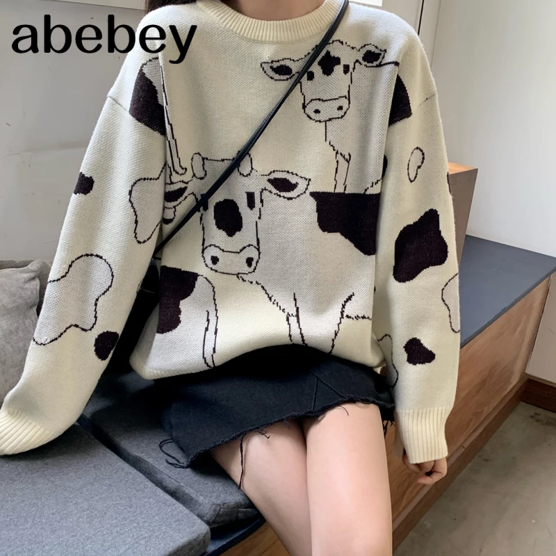 Винтажный Повседневный свободный свитер из коровьей кожи женский в Корейском