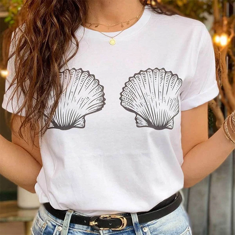 Mermaid Sea Shell Bra Print T-shirt Women Aesthetic Boob Graphic Funny Tee Top Casual Summer Tumblr Vacay Beach Tshirt Dropship