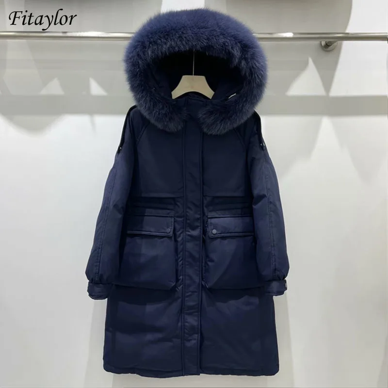 Fitaylor 90% White Duck Down Jacket Women Big Real Raccoon Fur Feather Coat Casual Windproof Warm Winter Long Sleeve Outwear | Женская