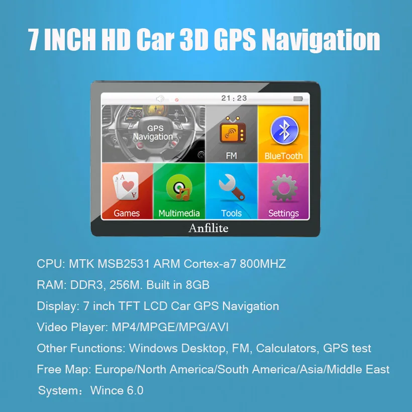 Anfilite " емкостный 256 м 8 г bluetooth avin грузовик gps навигация Автомобильный gps навигатор wince ce6.0 800 МГц FM Европа gps карта