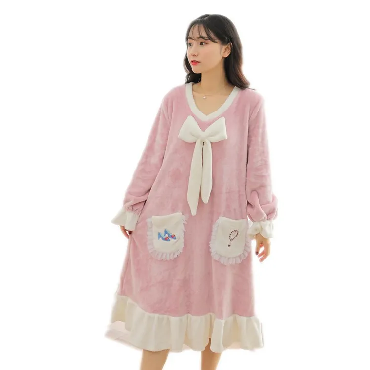 

Women Winter Homewear Soft Nightdress Cartoon Cute Flannel Warm Women Nightwear Round Neck Sleepwear 2020 Winter