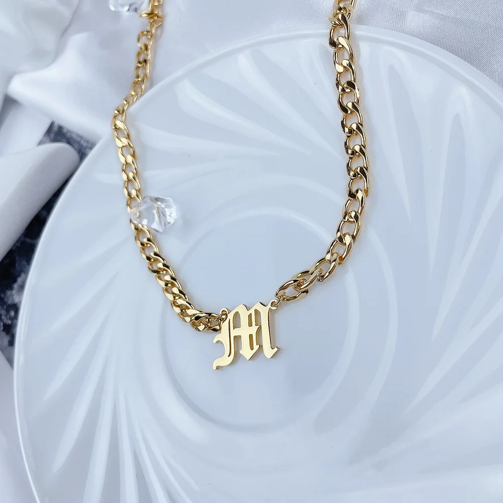 

HUHUI Custom Old English Letter Necklace Personalized Initial Stainless Steel Cuban Chain Vintage Jewelry For Unisex Party Gift