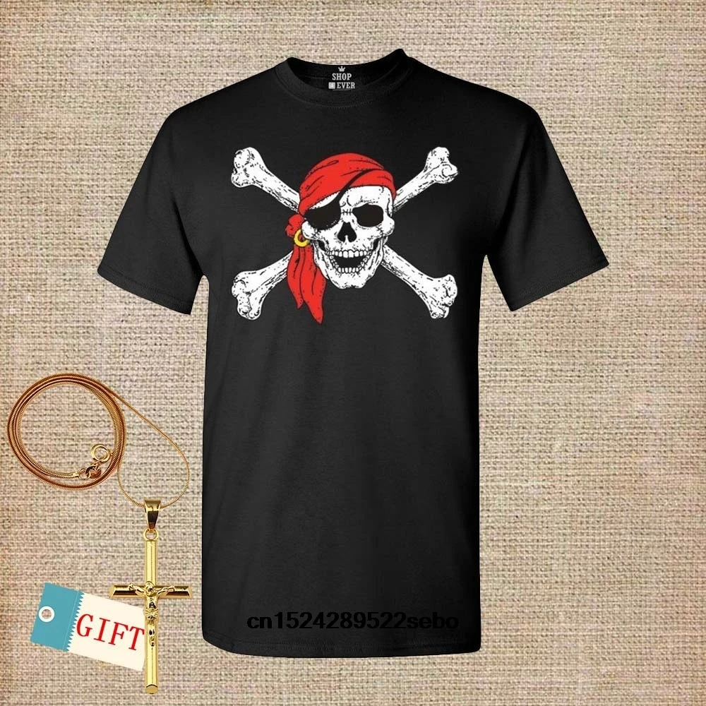 

Pirate Pattern Personalized Men Fashion Graphic Solid Color Custom Round Neck T-shirt with a Simple Cross Neclace women