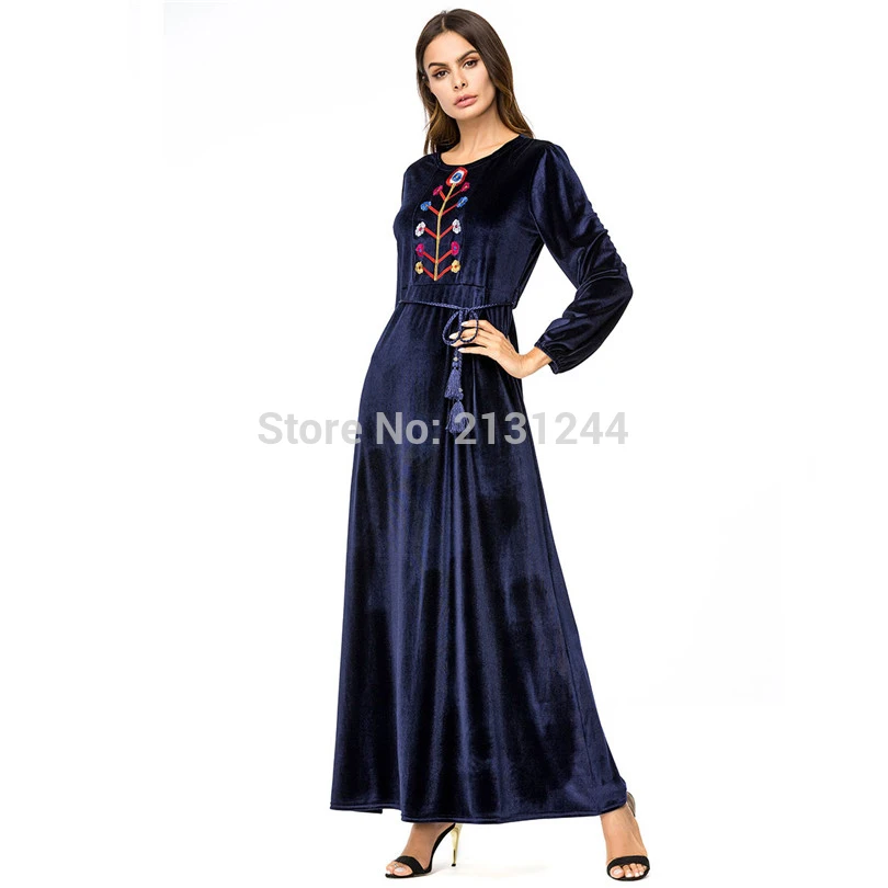 Элегантное макси платье Абая бархат вышивка цветок зима мусульманский длинный
