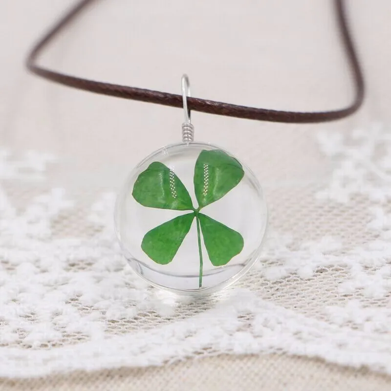Четырехлистный Зеленый Клевер счастливое ожерелье сушеные цветы шар кулон