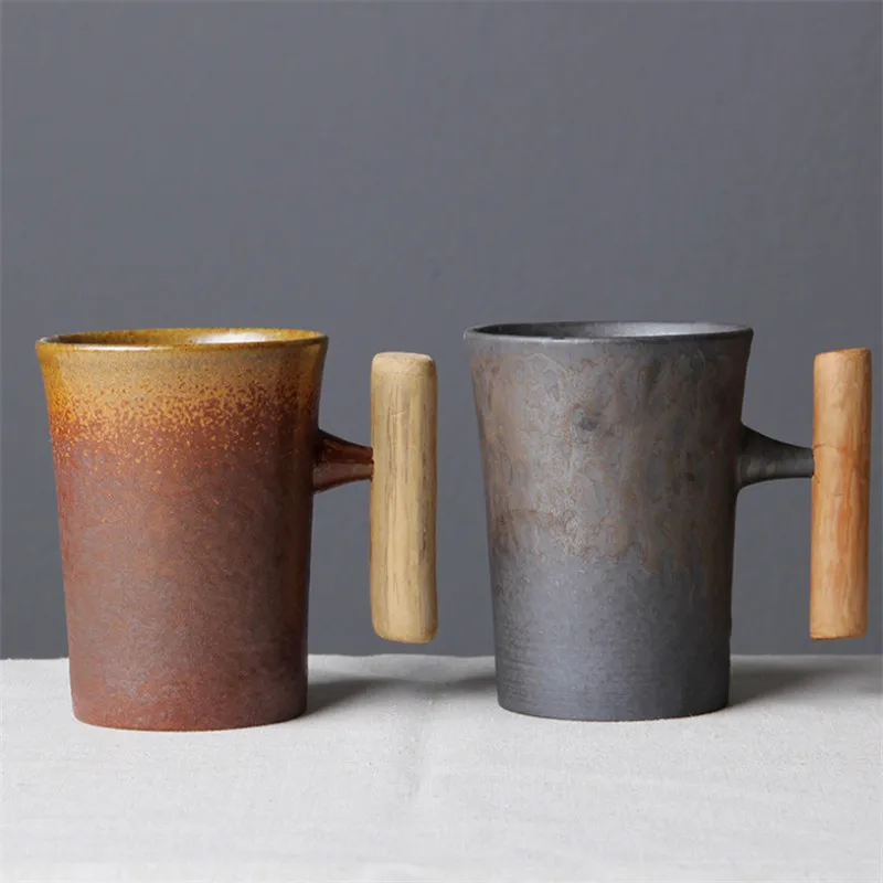 

Japanese-style Vintage Ceramic Coffee Mug Tumbler Rust Glaze Tea Milk Beer Mug with Wood Handle Water Cup Home Office Drinkware