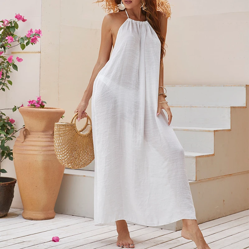 

Sexy long beach wear Solid backless cover-ups Halter body dresses Beachdress one piece 2021 New design for women Summer holiday
