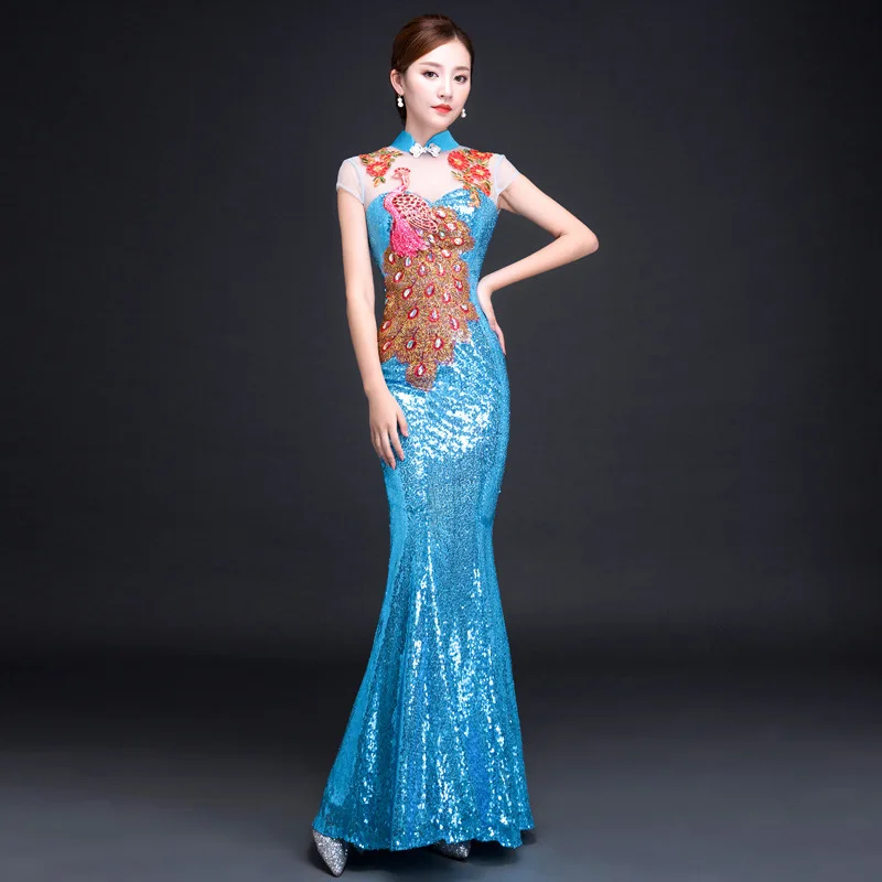 

Bling Sequins Lady Embroidery Phoenix Prom Dress Elegant Slim Mermaid Dresses Long Satin Skirt Wedding Party Qipao Gown Vestidos