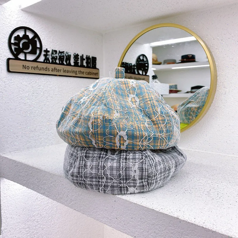 

Новинка, Дамский берет 202106-weimin в клетку, с кружевными цветами, мужская и женская шляпа художника для отдыха