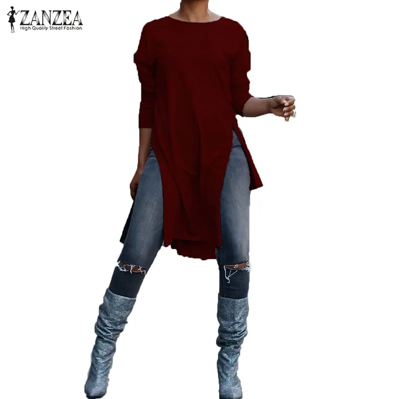 Бургундия Большие размеры Blusas женская блузка ZANZEA стильный Асимметричный Длинный топ с высоким разрезом рубашка с длинным рукавом Повседневная Туника Топы сорочка - Цвет: Бургундия