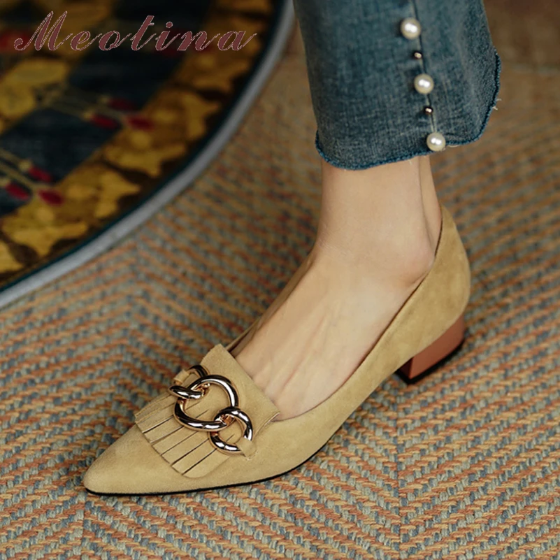 

Женские туфли-лодочки с острым носком Meotina, туфли из натуральной кожи на толстом среднем каблуке, с металлическим украшением и бахромой, вес...