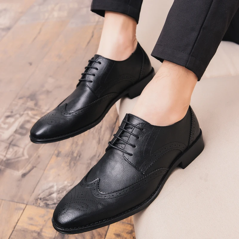 Brand Luxury Leather Lace Up Men's Business Shoes Pointed Toe Dress Fashion Bullock Oxford | Обувь