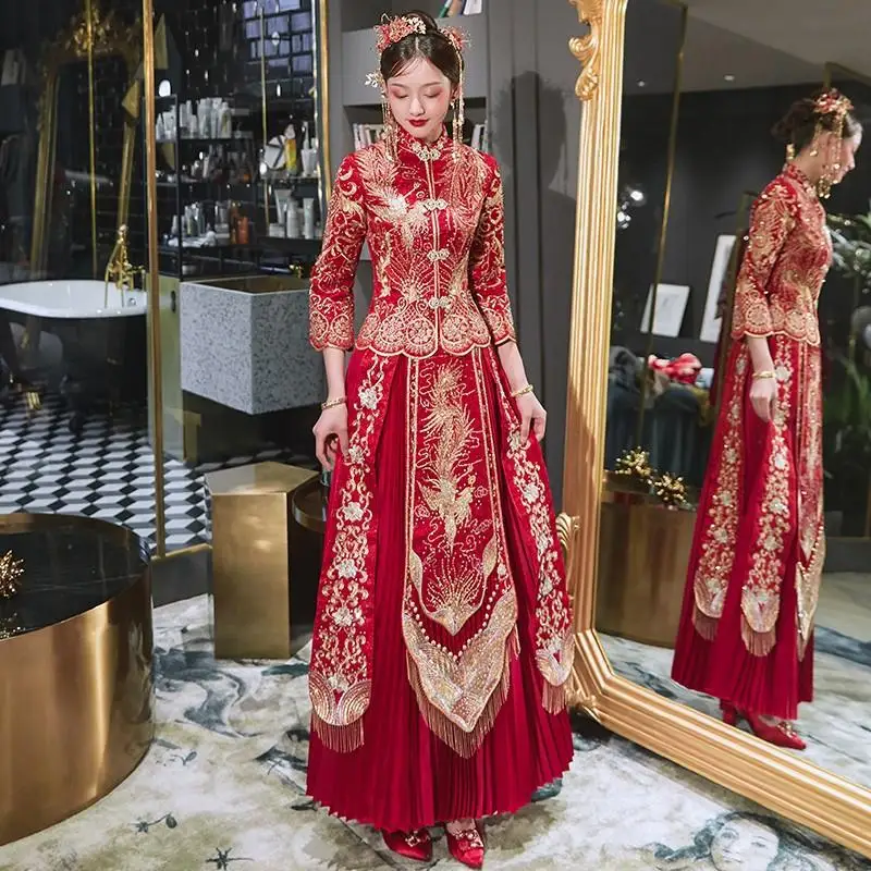

Large Size 3XL 4XL Chinese Style Cheongsam Embroidery Bride Wedding Dress Exquisite Marriage Set Vintage Bride Costume Lady Gift