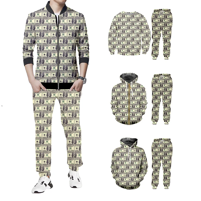 

IFPD 3D Print Dollar Hoodies Funny Plus Size Men's Set Jacket And Jogger Pants Paper Money Puzzle Tracksuit Pullover Home Suit