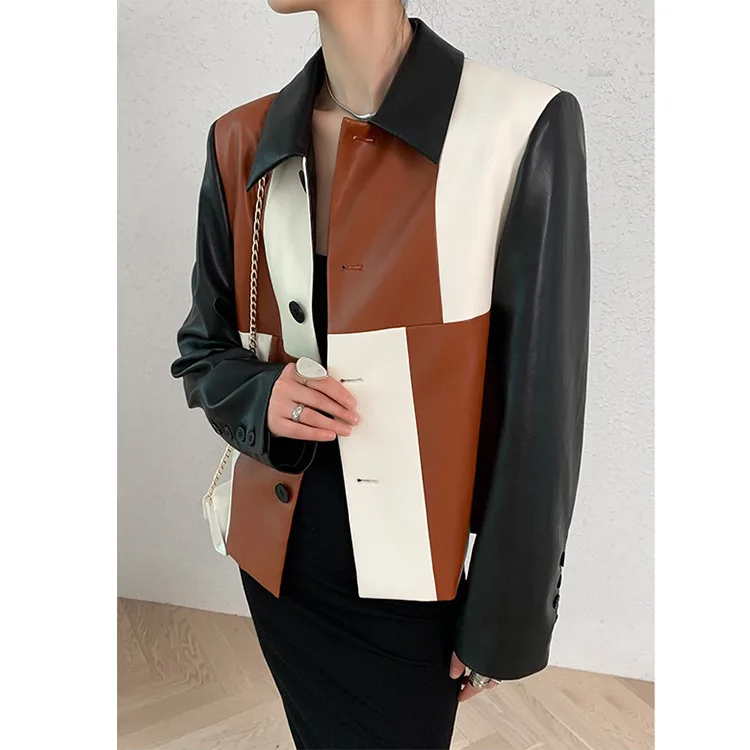 

SuperAen Wide Version Contrast Leather Jacket Women's Autumn 2021 New Casual Color Matching Short Moto & Biker