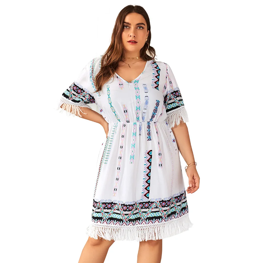 Платье оверсайз в этническом стиле, с V-образным вырезом, короткими рукавами, с бахромой, до колена, повседневная одежда от AliExpress WW