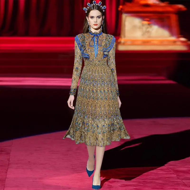 

Женское платье макси в богемном стиле, кружевное плиссированное платье с длинным рукавом и цветочным принтом в стиле инди, Новое поступлени...