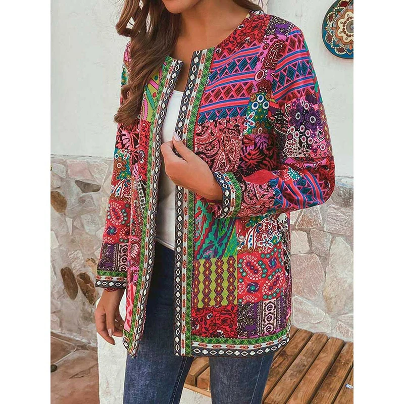 

Plus Size Cardigan Women Fashion Autumn Spring Ethnic Floral Print Long Sleeve Loose Top Women Coat Cardigan Loose Outerwear