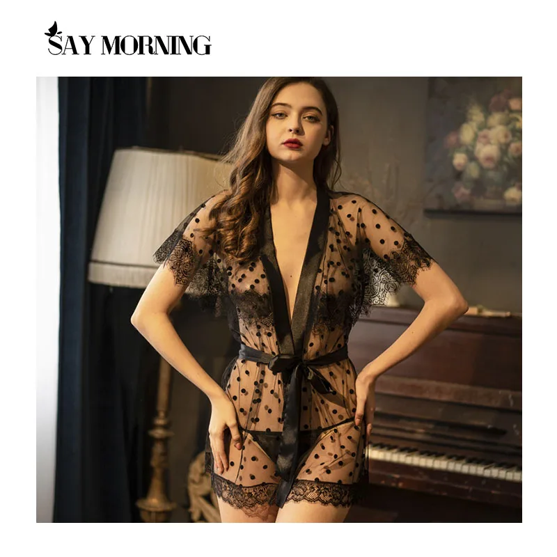 

SAY MORNING Sexy Sleepwear Lace Women Lingerie Robe Eyelash Lace Babydoll Sheer Solid Nightwear with Brief