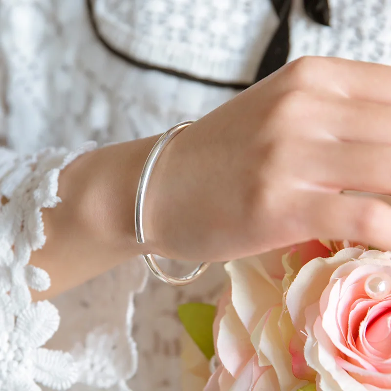 Простые гладкие простые стильные 925 пробы серебро женские регулируемые браслеты