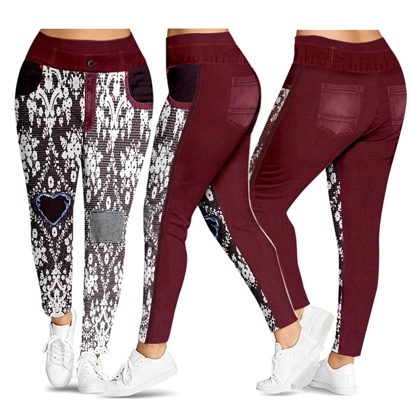 Lace print red Wipalo, леггинсы размера плюс с высокой талией и 3D принтом, женские штаны, повседневные обтягивающие леггинсы с эластичной талией, женские брюки - Цвет: Lace print red