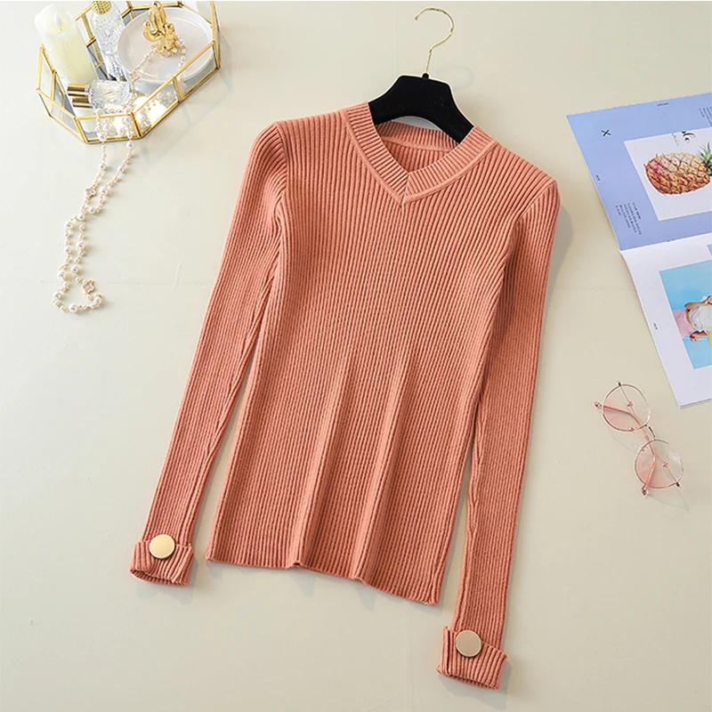Female Knit V-Neck England Style Sweaters Basic Women autumn Winter Long Sleeve Pullovers feminine Soft Orange Tops jumpers 2019 | Женская