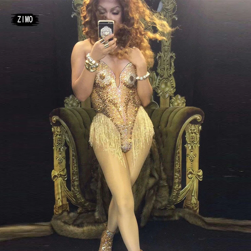 одежда модная Блестящие женские боди стразы AB кисточка сексуальный для сцены