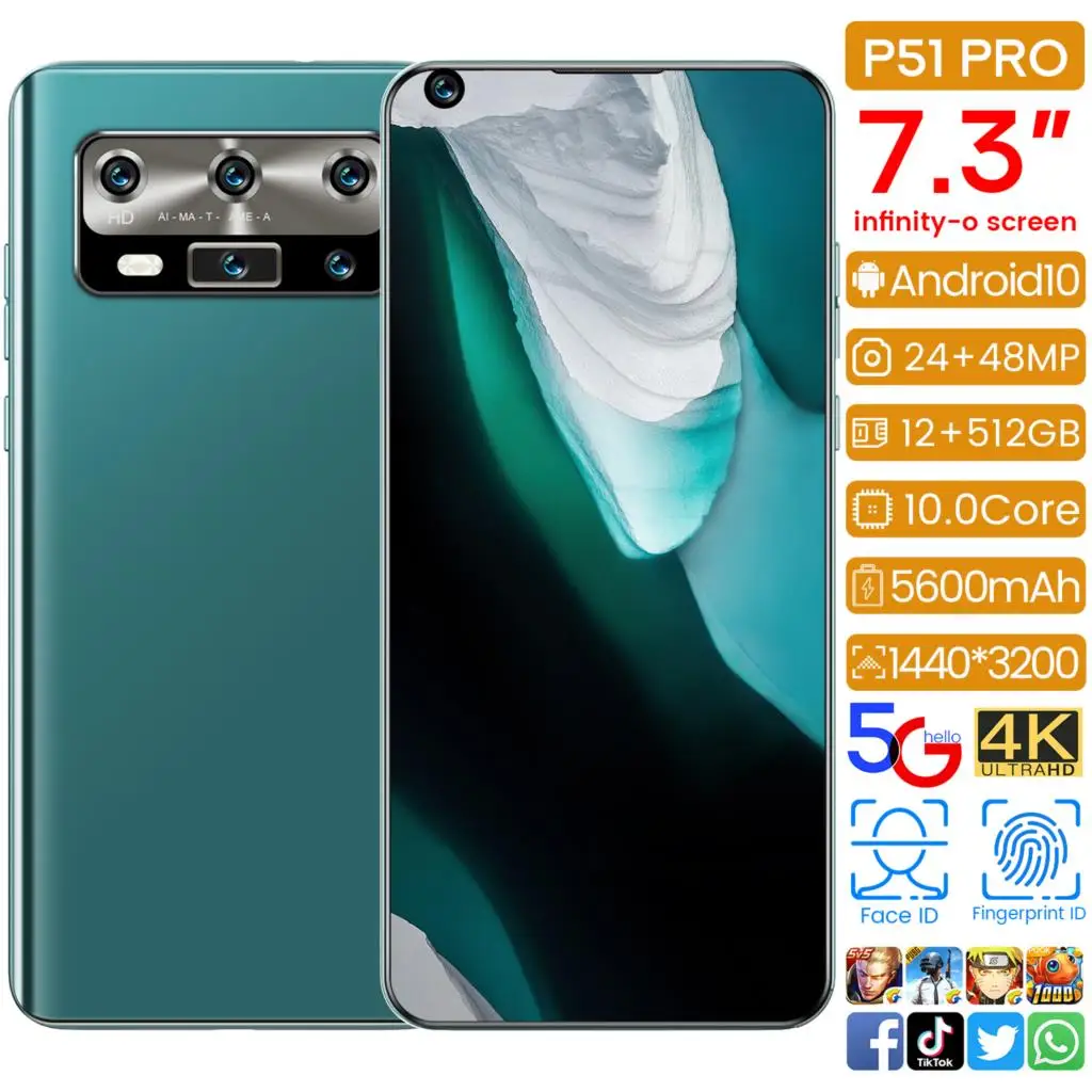 

Newest Global Version P51 Pro 7.3 Inch Waterdrop HD Screen Cellphone Android 10.0 Mobile Phone 5600mAh 4G 12GB 512GB Smartphone